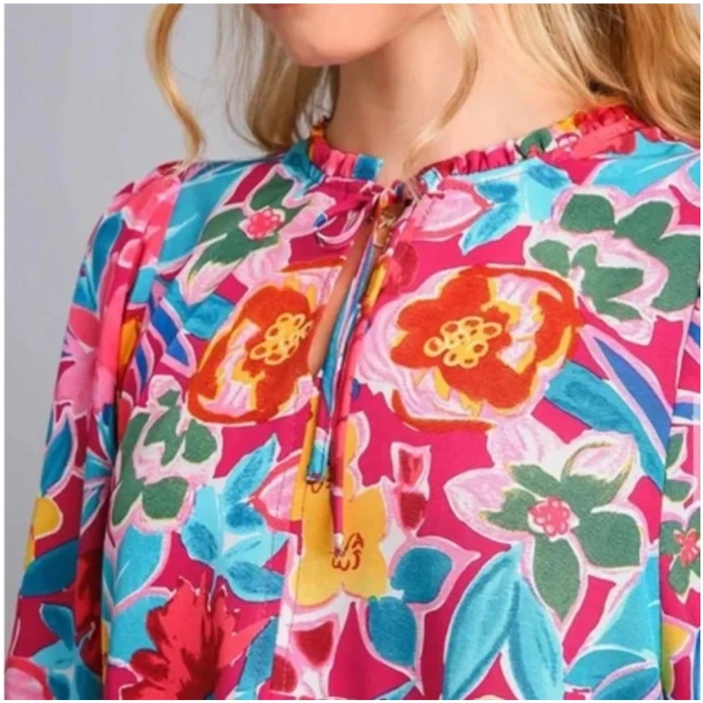 NWT Umgee Vibrant Floral Tropical Boho Babydoll Peplum Top - Size L - Picture 2 of 3